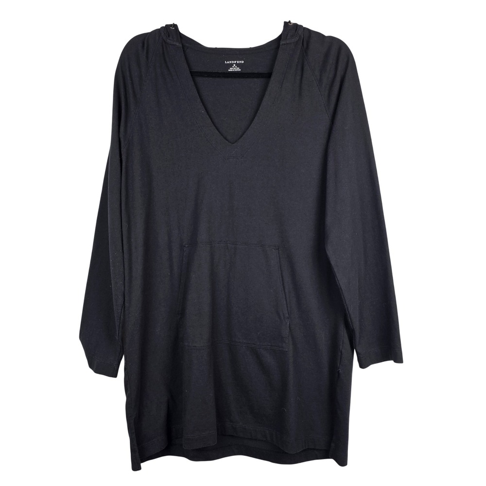 Lands‎ End Women's Black Cotton V-Neck Long Sleeve Hooded Tunic Top Size Medium